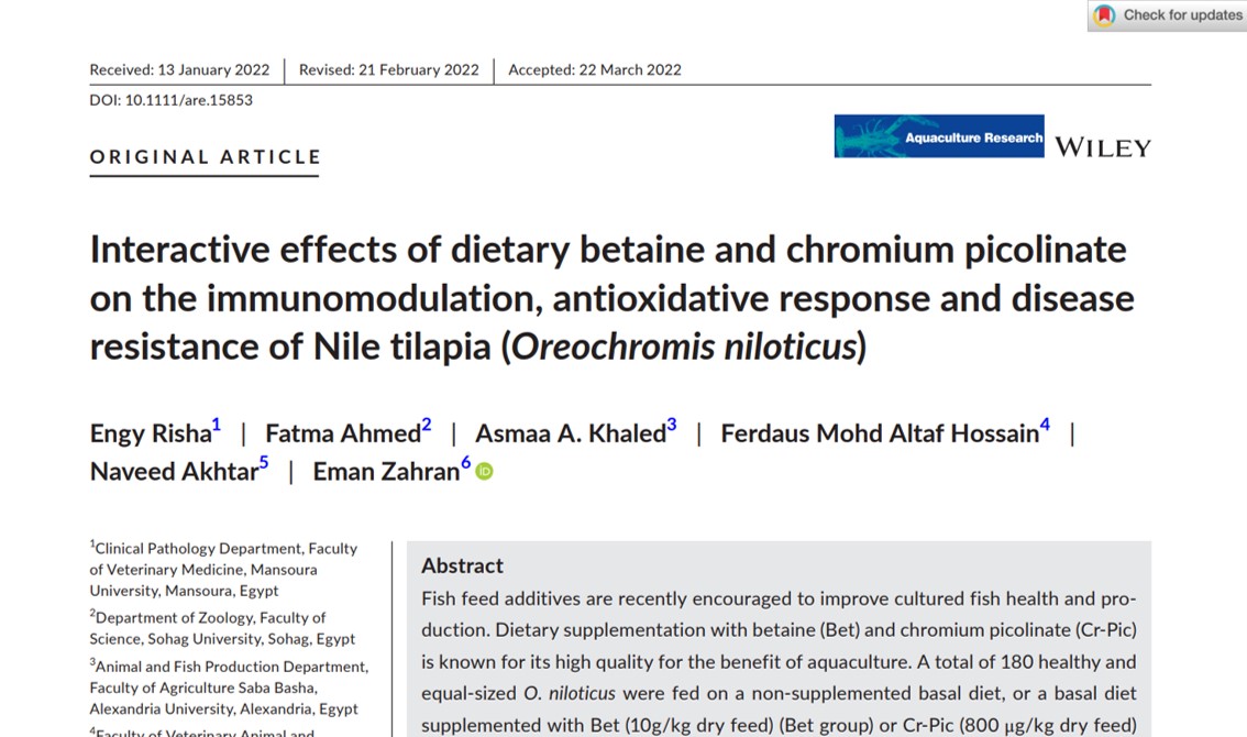 Interactive effects of dietary betaine and chromium picolinate on the immunomodulation, antioxidative response and disease resistance of Nile tilapia (Oreochromis niloticus)